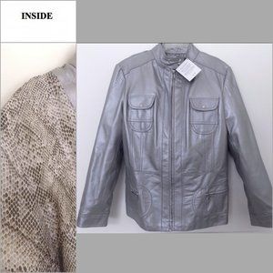 NWT Genuine leather jacket L Gray $298 Zippers Moto Pockets Print lining Biker